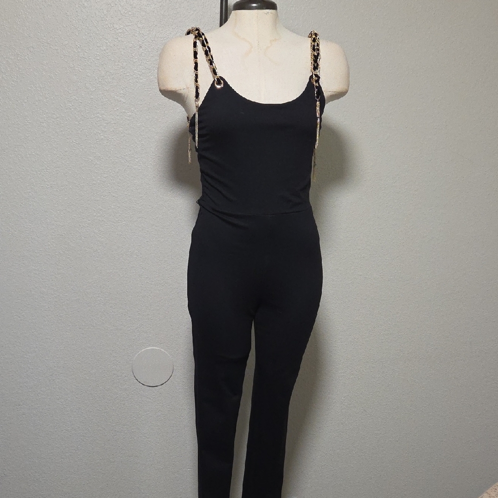 Women's Chic Black Jumpsuit with Leopard Straps